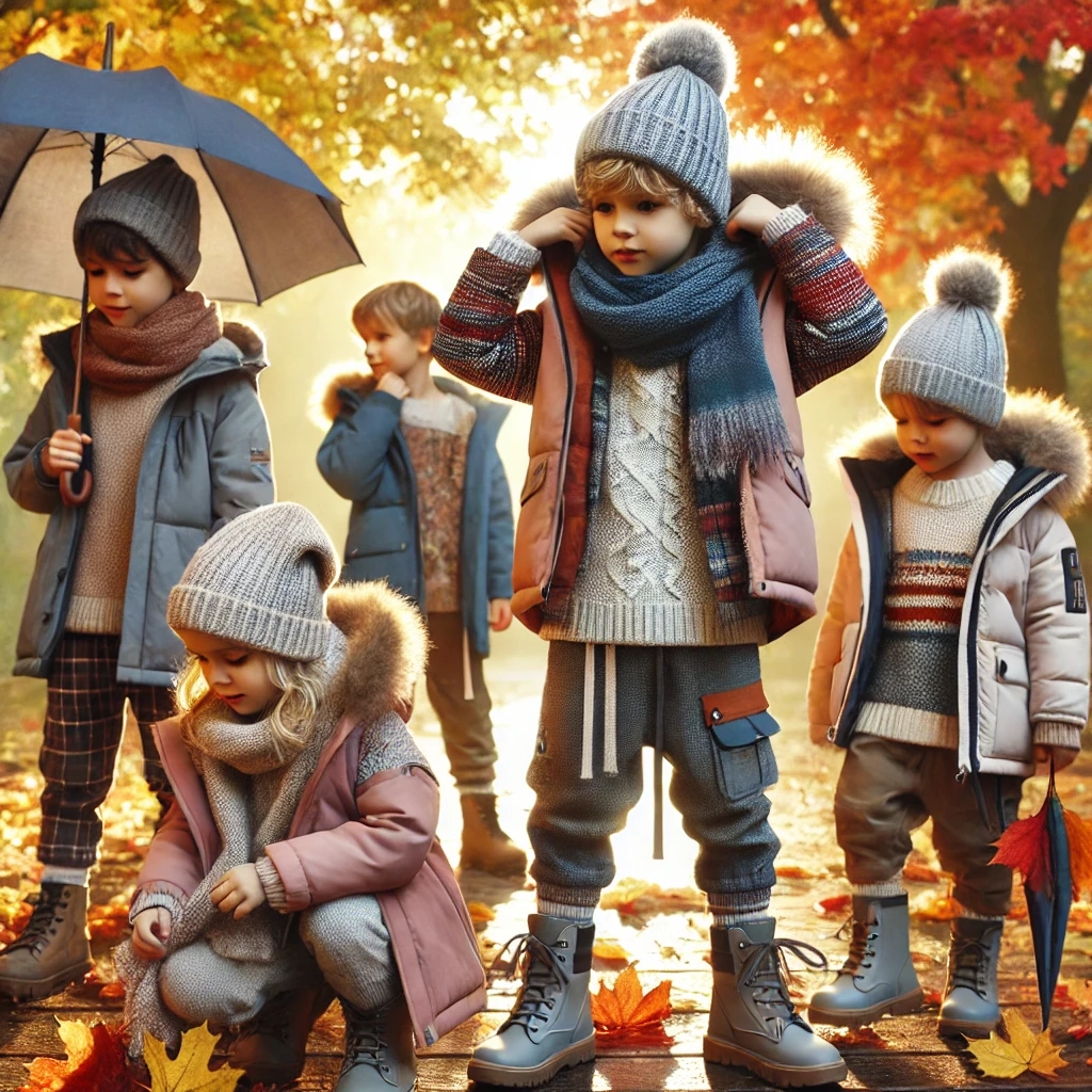 Kinder im Wald in Herbstkleidung