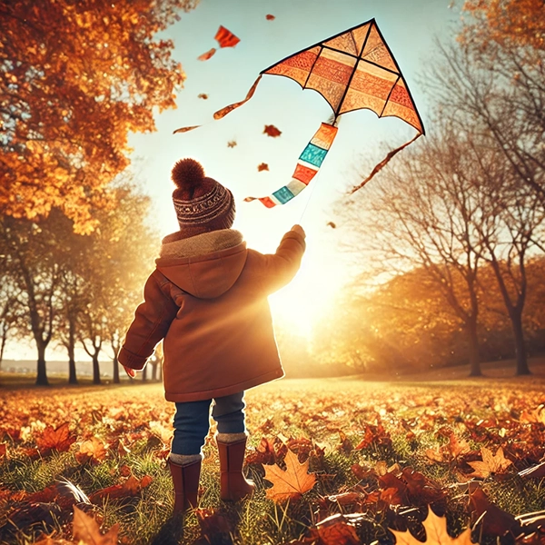 Kind in Herbstkleidung lässt Drachen steigen