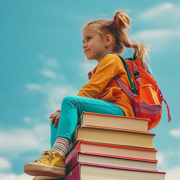 Mädchen sitzt draußen auf Büchern